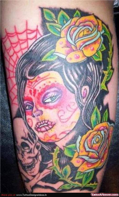 Yellow Rose Flowers and Halloween Tattoo On Leg