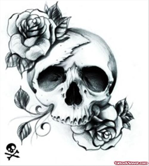 Rose Flowers And Skull Halloween Tattoo Design