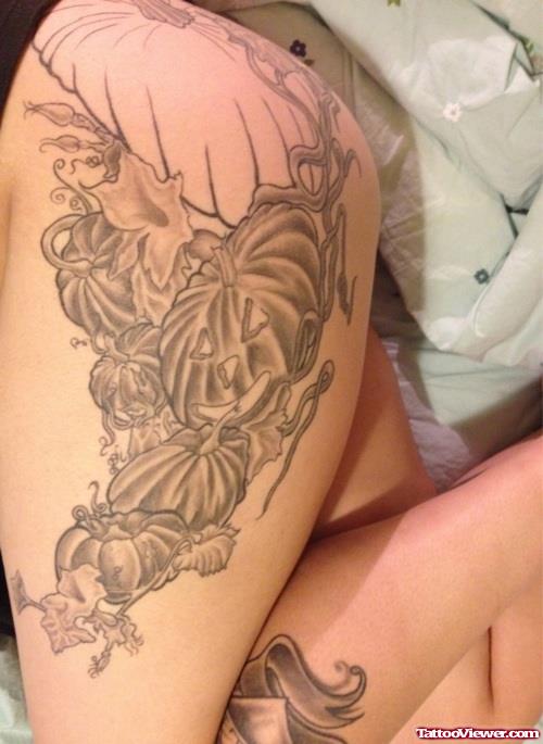Grey Ink Halloween Tattoo On Leg Sleeve