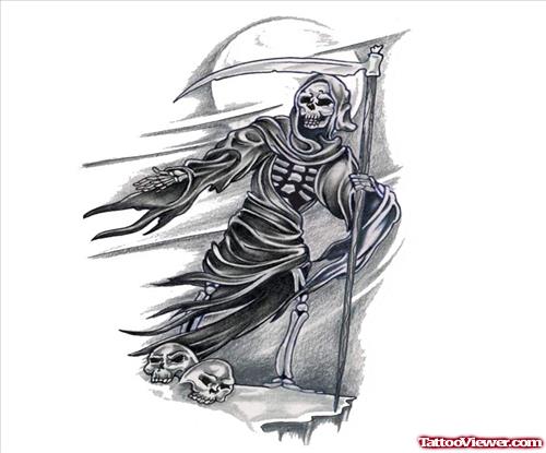 Grey Ink Grim Reaper Halloween Tattoo Design