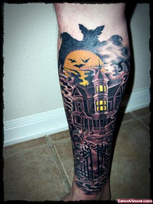 Dark Ink Halloween Tattoo On Leg