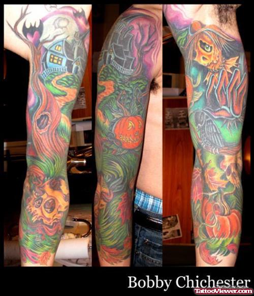 Cool Color Ink Halloween Tattoo On Full Sleeve