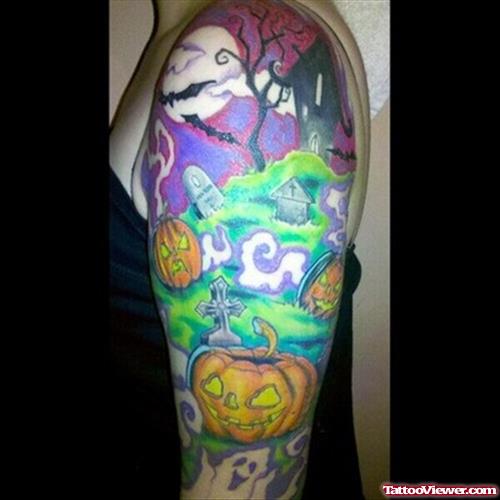Colored Halloween Tattoo On Girl Left Sleeve