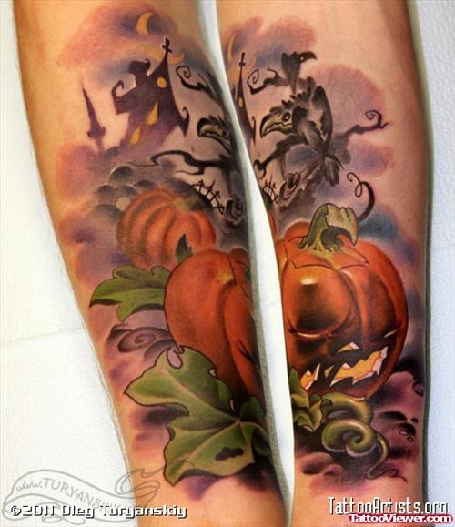Colored Halloween Pumpkin Tattoo On Sleeve