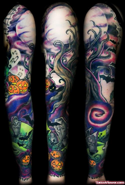 Color Halloween Tattoo On Design For Full Sleeve