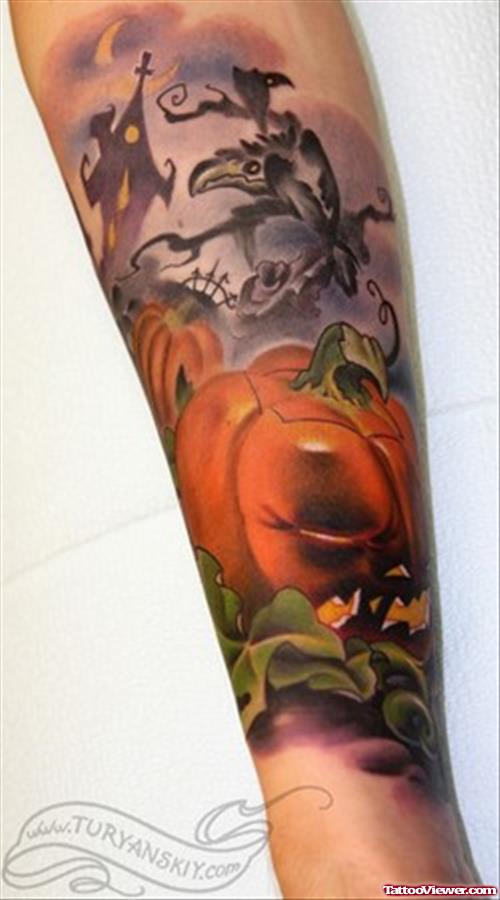 Awful Color Ink Halloween Tattoo On Right Sleeve