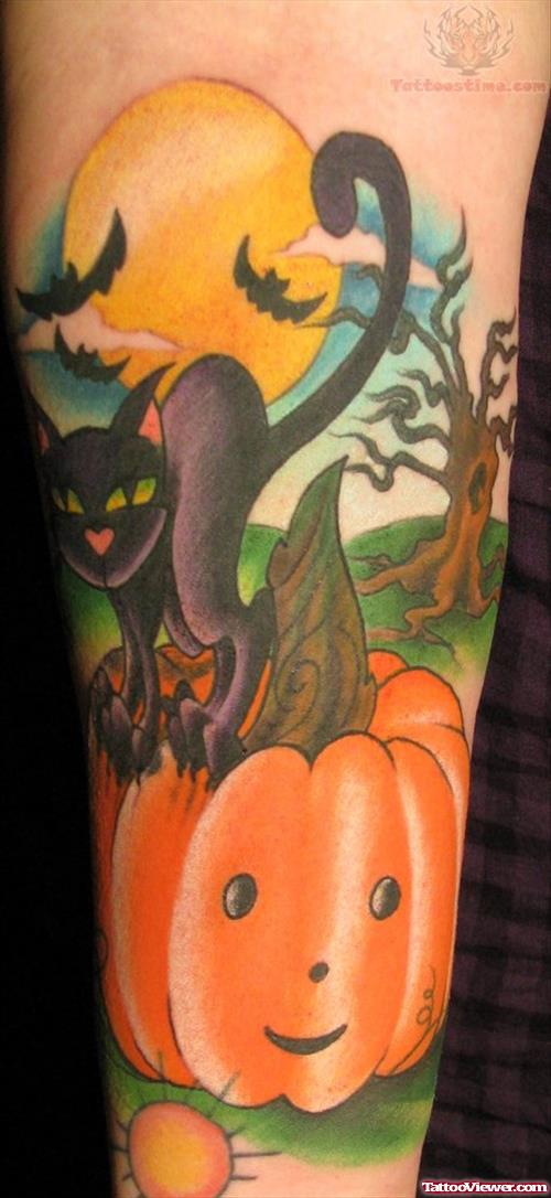 Black Cat And Halloween Tattoo