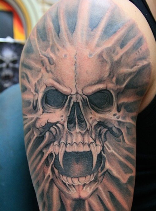 Grey Ink Vampire Skull Halloween Tattoo On Shoulder