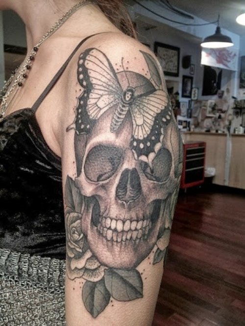 Grey Ink Butterfly And Skull Halloween Tattoo On Left Half Sleeve