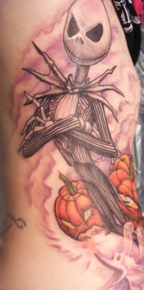 Grey Ink Nightmare Halloween Tattoo On Sleeve