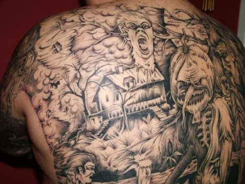Grey Ink Halloween Tattoo On Back Body