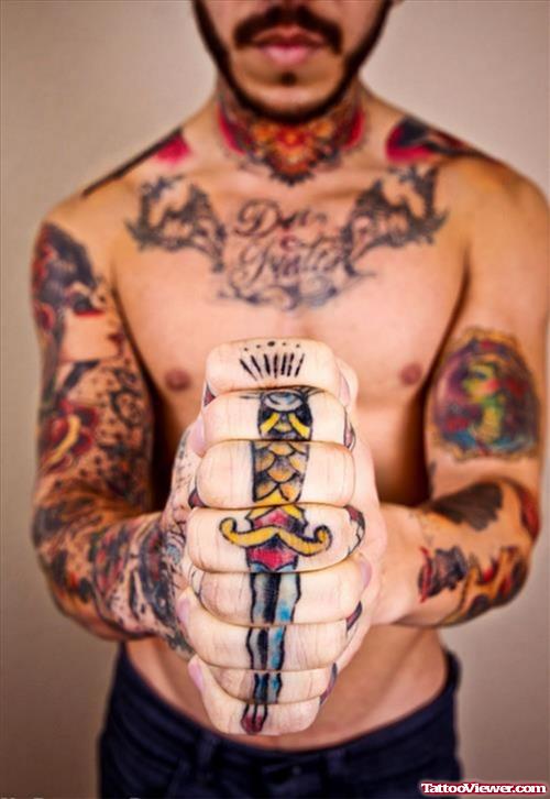Colored Dagger Hand Tattoo For Men
