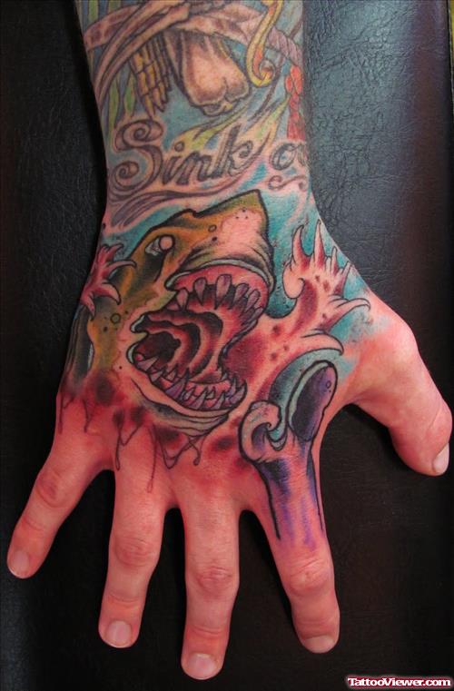 Color Ink Angry Shark Hand Tattoo