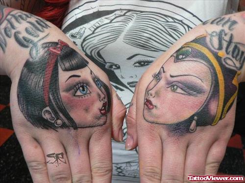 Awesome Color Ink Girls Head Tattoos On Hands