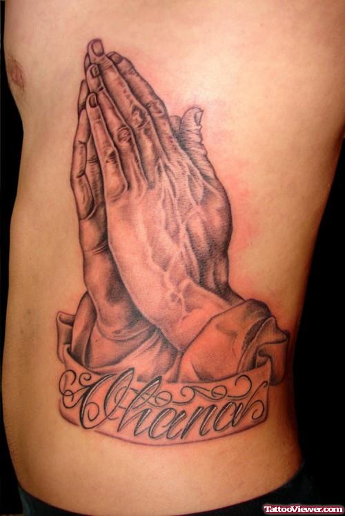 Awesome Grey Ink Praying Hands Tattoos On Side Rib