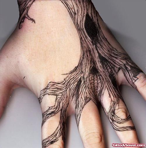 Amazing Grey Ink Tree Hand Tattoo