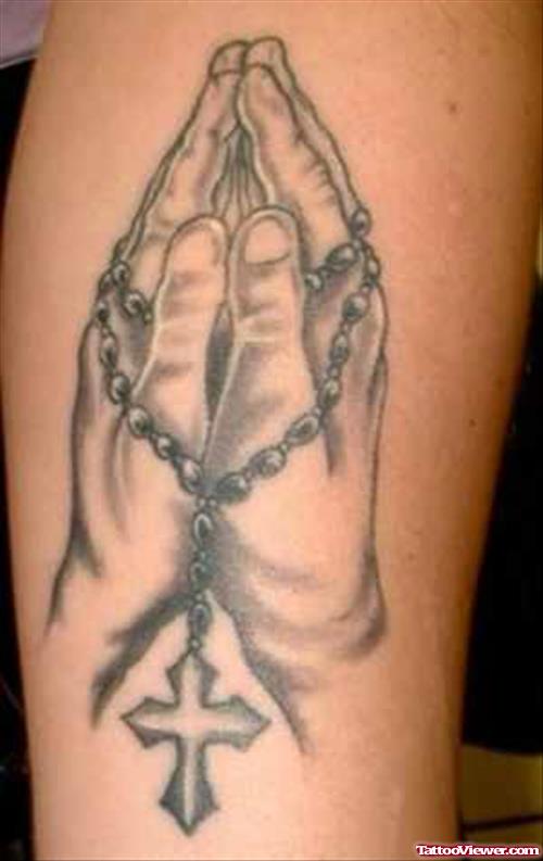 Amazing Grey Ink Rosary And Praying Hands Tattoo