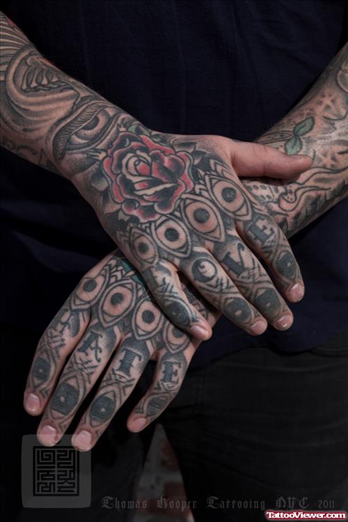 Red Rose and Love Hate Hand Tattoos