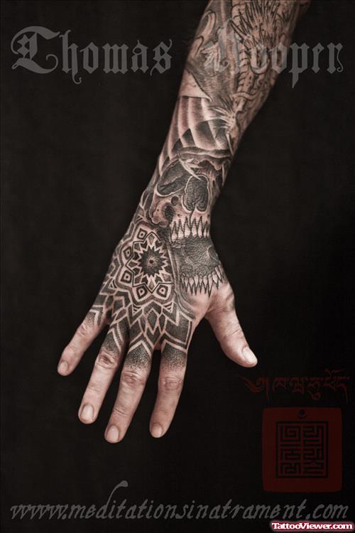 Grey Ink Tribal Hand Tattoos