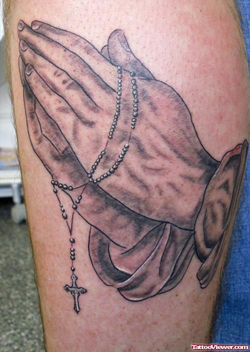 Awesome Grey Ink Rosary and Praying Hands Tattoo
