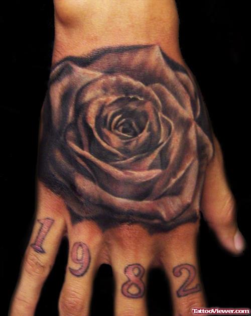 Grey Ink Rose Flower Hand Tattoo