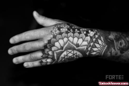 Grey Ink Mandala Flower Tattoo On Left Hand