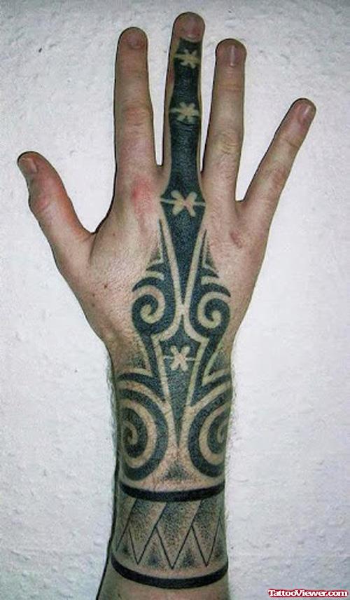 Black Ink Tribal Hand Tattoo For Girls