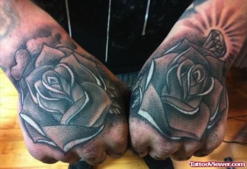 Attractive Grey Ink Rose Flower Hand Tattoo