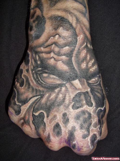 Beautiful Grey Ink Skull Right Hand Tattoo