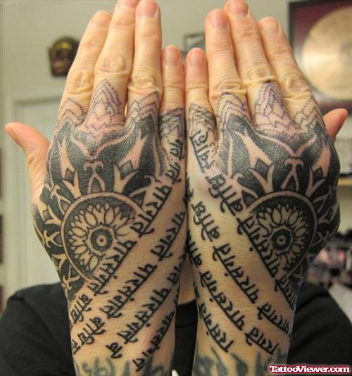 Grey Ink Flowers And Hindi Hand Tattoos