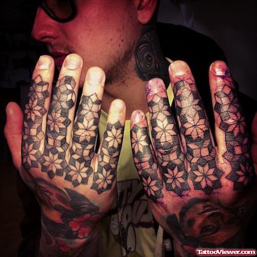 Grey Ink Flowers Hand Tattoos