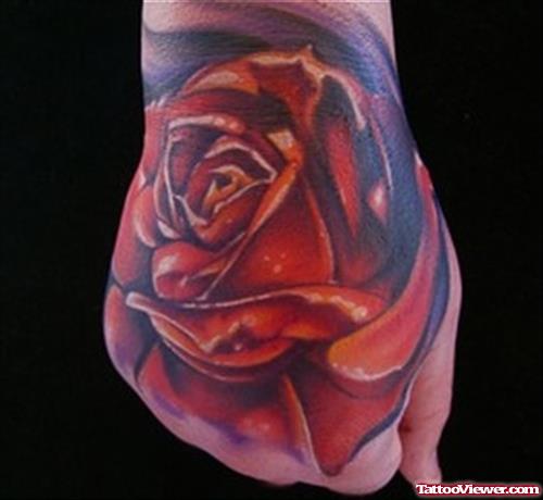 Attractive Red Rose Flower Hand Tattoo