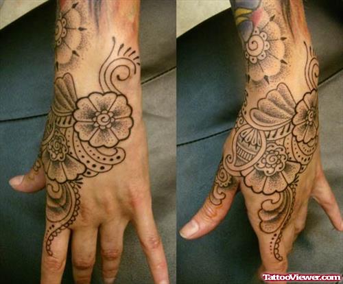 Attractive Grey Ink Henna Hand Tattoo