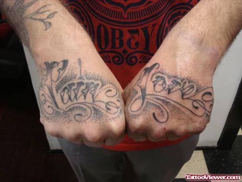 Grey Ink Pain Love Hand Tattoo