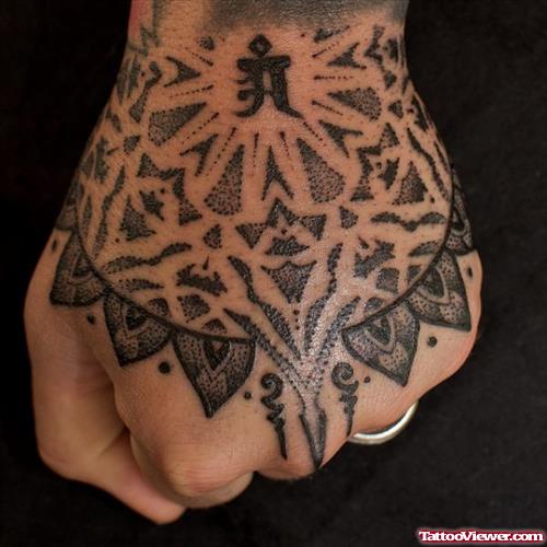Grey Ink Mandala Flower Hand Tattoo
