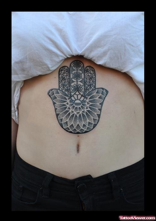 Grey Ink Hamsa Hand Tattoo On Belly
