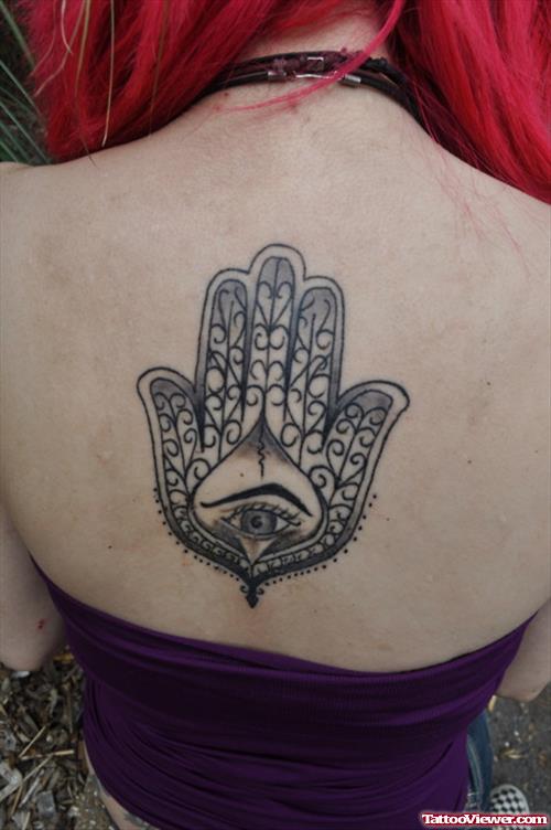 Grey Ink Hamsa Hand Tattoo On Back