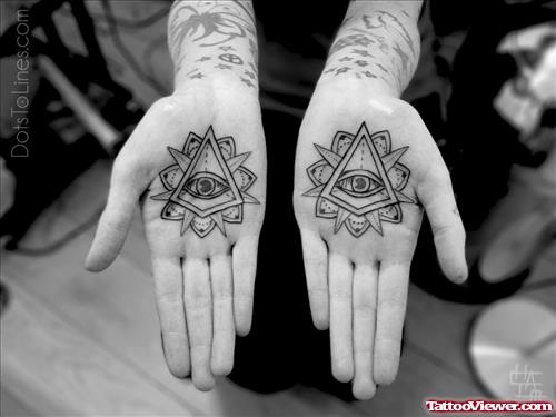 Flowers And Illuminati Eye Tattoos On Palm