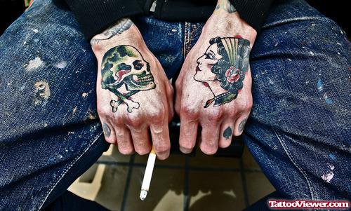 Awesome Skull And Girl Head Hand Tattoos