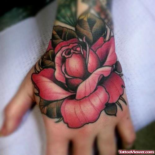 Awesome Red Rose Flower Hand Tattoo