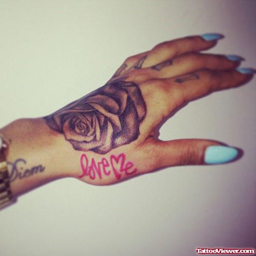 Amazing Grey Ink Rose Flower Hand Tattoo