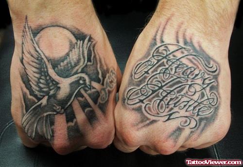 Grey Ink Flying Bird And Lettering Tattoo On Both Hands