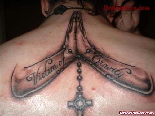 Grey Ink Pryaing Hands Tattoo On Back