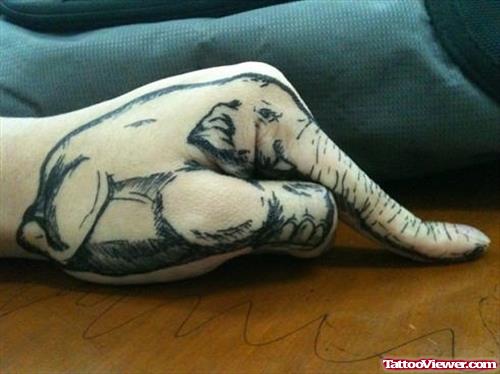 Grey Ink Elephant Tattoo On Left Hand