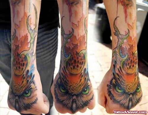 Colored Owl Head Hand Tattoos