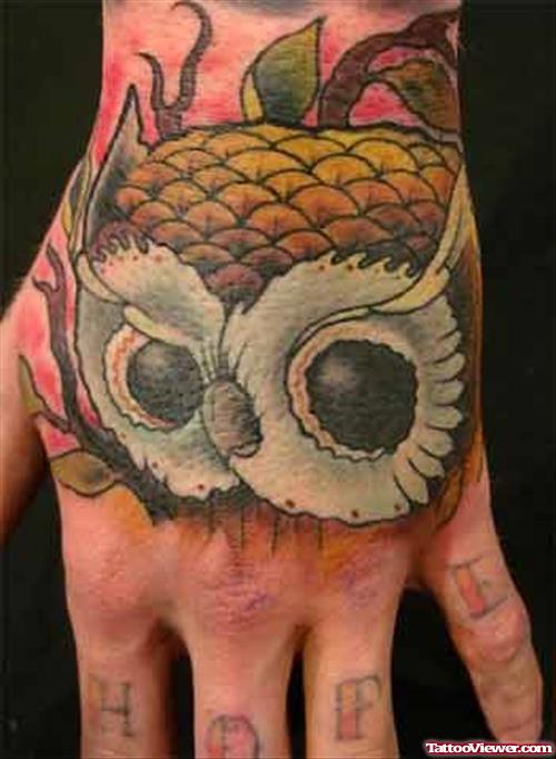Awesome Color Ink Owl Head Left Hand Tattoo