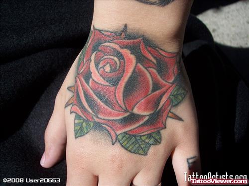 Amazing Red Flower Tattoo On Left Hand