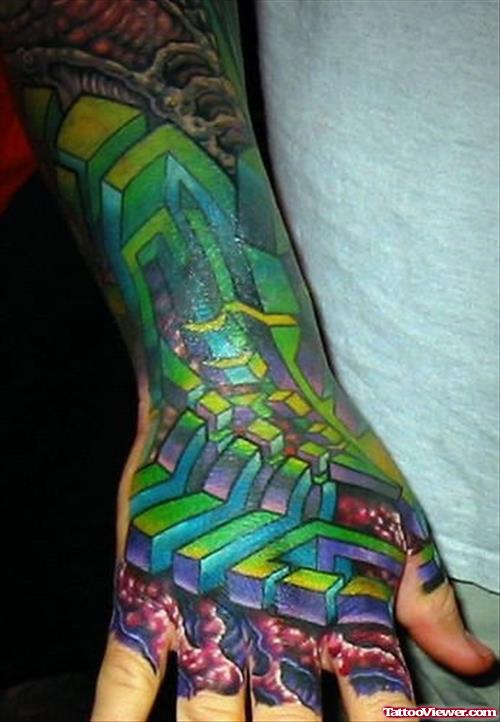 Colored Biomechanical Tattoo On Man Right Hand