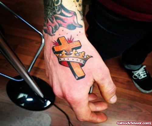 Color Cross And Banner Hand Tattoo