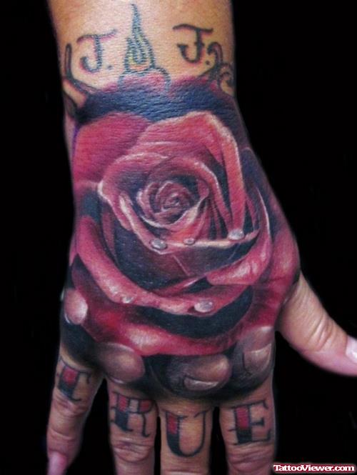 Awesome 3D Red Rose Tattoo On Right Hand